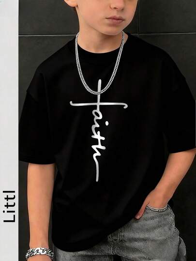 青少年男童休閒字母印花黑色圓領短袖毛衣，夏季上衣