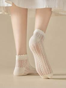 1/3/5双装 女士米白色镂空透气网眼薄款短袜，夏季穿着 - 彩色 - 查看 2