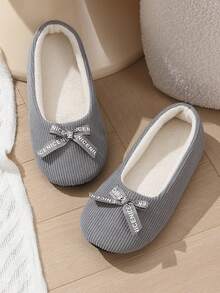 Bailarinas de mujer de unicolor, material de pana con decoración de lazo, cómodas y silenciosas para interiores, con suela suave y antideslizante, zapatos tipo slip-on esponjosos - Gris - Ver 6