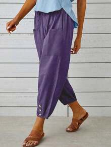 New Arrival European And American Loose High Waist Button 3/4 Wide Leg Pants For Women Spring - Purple 3 - View 4