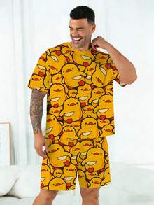 Plus Size Men's Pajama Set | Round Neck Short Sleeve Top And Elastic Waist Casual Shorts, 2 Piece Set | Polyester Knit Fabric, Soft And Breathable, Loose And Comfortable | Cute Little Duck Pattern Print, Casual Design - Yellow - View 6