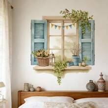 Blue Faux Window With Bird And Vine Wall Sticker, Wooden Window Sill Decal, Waterproof Self-Adhesive Bathroom Decoration Wall Sticker, Home Decor Wall Art For Bedroom - T3360 - View 2