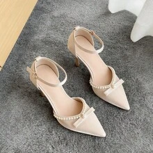 Zapatos de tacón para mujer Zapatos de tacón de aguja con punta cerrada, adorno de perlas y delicado cierre con broche de lazo. Elegantes zapatos de novia con un aire de cuento de hadas. - Albaricoque - Ver 3