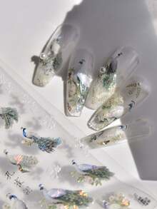 1片绿色白色孔雀花贝壳偏光5D浮雕自粘美甲贴纸中国风3D美甲贴花 - 彩色 - 查看 1