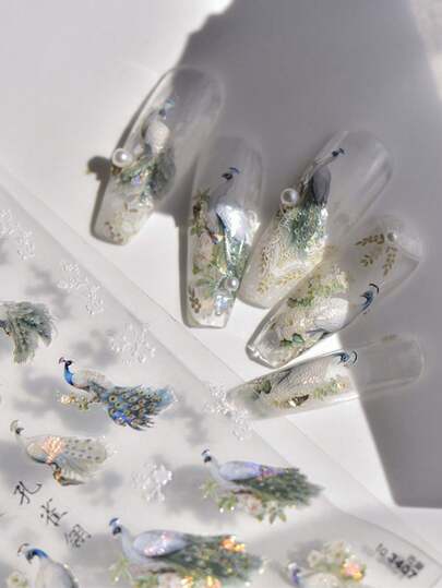 1片绿色白色孔雀花贝壳偏光5D浮雕自粘美甲贴纸中国风3D美甲贴花