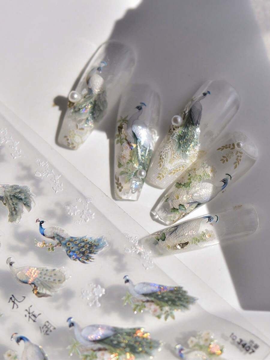 1片绿色白色孔雀花贝壳偏光5D浮雕自粘美甲贴纸中国风3D美甲贴花 - 彩色 - 查看 1