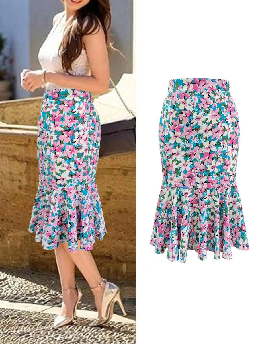 Falda tubo con estampado floral de talla grande, diseño de cintura alta con volante en el bajo, cintura elástica para un ajuste estilizador, adecuada para vacaciones de primavera y verano en color rosa - Rosa - Ver 1