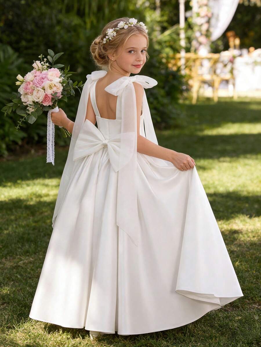 Tween Girl Bowknot Back Deep V Puff Sleeve Mesh Tulle Princess Dress, Suitable For Birthday Party, Wedding, Flower Girl, Prom, Holiday Occasions - White - View 1