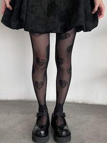 1pc New Sexy Fishnet Tights With Heart Cutout, Retro Cute Versatile Pantyhose - Multicolor - View 3