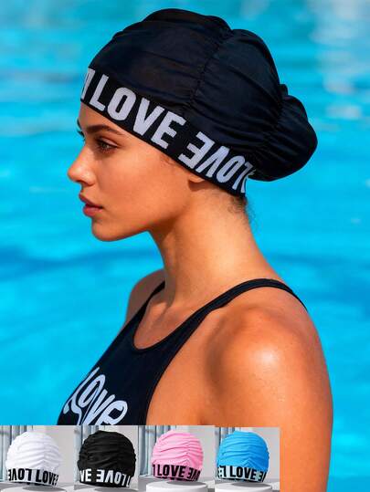 1pc Adult Letter Print Silicone Swim Cap, Waterproof Anti-Slip High Elasticity Ear Protection, Durable Soft Material, Suitable For Swimming Pool Or Beach Water Sports, Fashionable Comfortable Swim Cap, Beach Essential, Swimming Pool Accessory