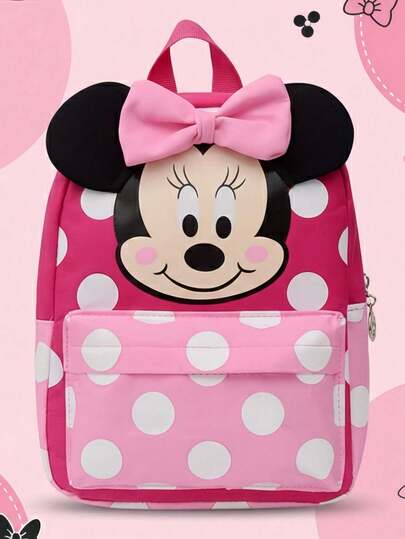 Mochila de gran capacidad oficial de Minnie Mouse - Con bolsillo con cremallera frontal - Mochila práctica de uso diario con lunares rosas con correas de hombro gruesas ajustables - Mochila de viaje ligera y portátil - Esencial multifuncional para el uso diario de niñas y mujeres