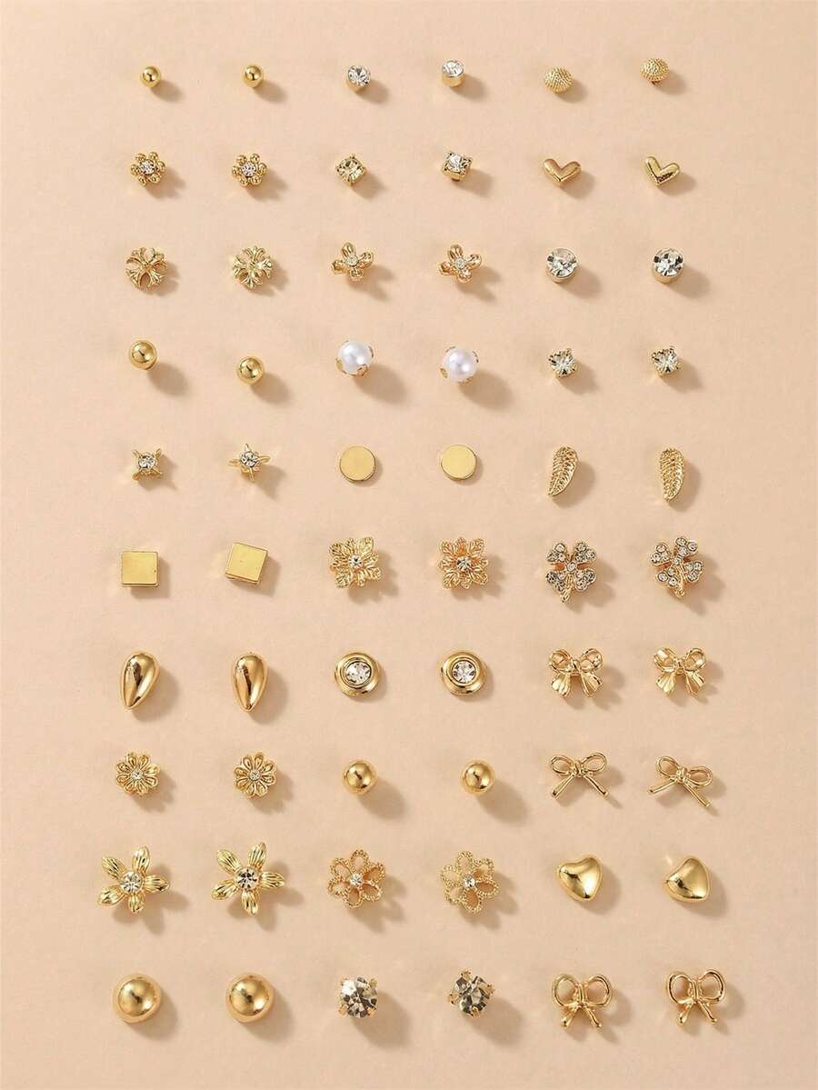 30对/套 简约水晶花朵、心形、蝴蝶结仿珍珠耳钉套装，适合日常、约会、派对等场合，女士配饰 - 金色 - 查看 1