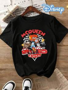 1pc Disney Lightning McQueen & Friends Nostalgic Racing Graphic Tween Boys Casual T-Shirt - Soft, Breathable, Ideal For Daily Wear & Weekend Outings - 黑色 - 查看 1