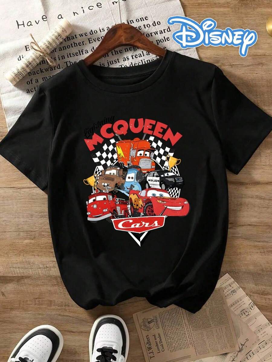 1pc Disney Lightning McQueen & Friends Nostalgic Racing Graphic Tween Boys Casual T-Shirt - Soft, Breathable, Ideal For Daily Wear & Weekend Outings - 黑色 - 查看 1