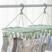 1pc Clothesline With 32 Clips And Foldable Plastic Drying Rack For Clothes, Underwear, Socks - Mint Green - View 7
