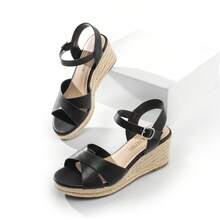 Alpargata con Tiras para Mujer con Puntera Abierta y Correa para el Tobillo, Sandalias de Cuña para Mujer con Plataforma - Negro - Ver 6