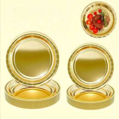 10/20/30/40/50/60/100pcs Gold Paper Tableware, Salad Plates, Dessert Plates, Gold Party Plates, Party Paper Plates, 7 Inch And 9 Inch Sizes Available, Easy To Clean Up, Suitable For Cakes, Desserts, Salads, Burgers, Sandwiches, Appetizers, Fruits, Food Serving, Birthday Parties, Weddings, Outdoor Camping