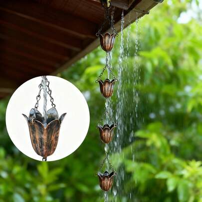 郁金香造型雨链，仿古铜色饰面，装饰性雨水导流器，适用于花园、露台和房屋外墙的日式雨水链