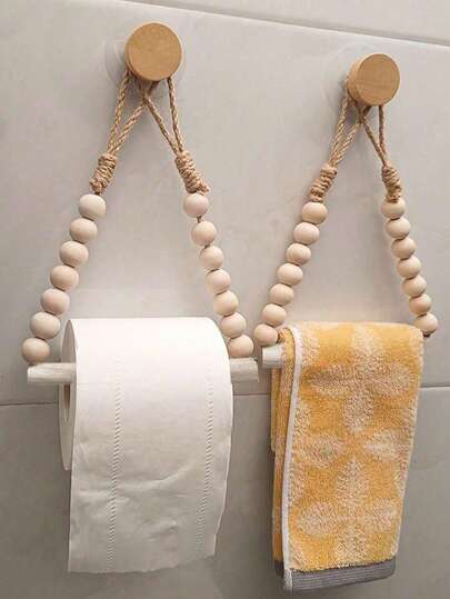 Soporte para caja de pañuelos de cuerda de yute sin agujeros, estante para toallas con bolas de madera tejidas a mano, estante de almacenamiento para toallas de mano, portarrollos de papel higiénico sin taladro, dispensador de papel higiénico decorativo elegante, accesorio práctico para el baño