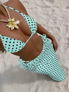 三件套波点印花挂脖黑色比基尼套装，性感露背夏季沙滩泳装，女士度假之选 - 彩色 - 查看 12