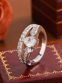 时尚双层水滴几何戒指，女士订婚及结婚珠宝礼物 - 白色 - 查看 5