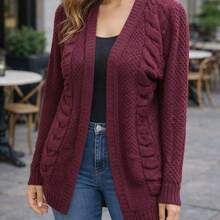 Women's Long Knitted Cardigan, Braided, Winter, Elegant, Casual, Knit, Cable Stitch, Coat, Home, Office, Vacation, School, Travel - 紅木色 - 查看 2