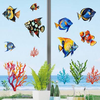 2 hojas de pegatinas de ventana de acuarela con tema de verano, coral, algas marinas y océano marino. Decoración de pared desmontable y resistente al agua para puertas correderas, evita golpes de pájaros y decoración de habitaciones. Autoadhesivo.