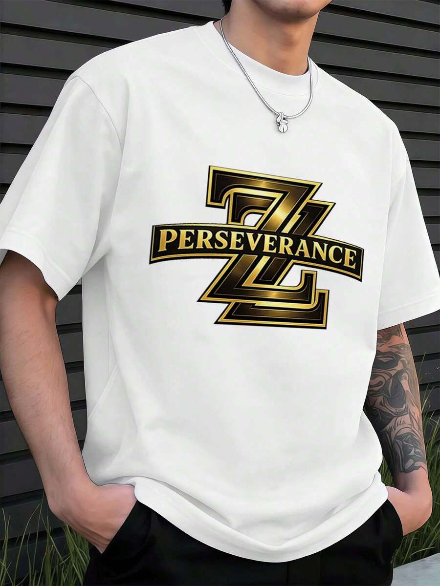 Maglietta con logo grafico dorato Perseverance, primavera, cotone di prima qualità, vestibilità comoda, traspirante, street hip-hop, stampa artistica - Bianco - Visualizzare 1