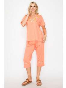 Women Short Sleeves Embroidered Cotton Blend Lounge Wear  Sets - 桃 - 查看 2
