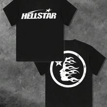 100%25 Cotton Double-Sided Printed Hell Star Pattern T-Shirt, High-Quality Printed T-Shirt, Men's Round Neck Short-Sleeved Top, Casual T-Shirt Spring And Summer Clothing - 黑色 - 查看 1