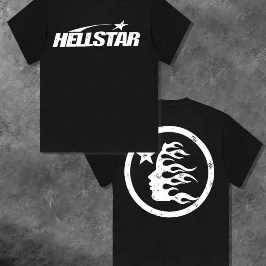 100%25 Cotton Double-Sided Printed Hell Star Pattern T-Shirt, High-Quality Printed T-Shirt, Men's Round Neck Short-Sleeved Top, Casual T-Shirt Spring And Summer Clothing - 黑色 - 查看 1