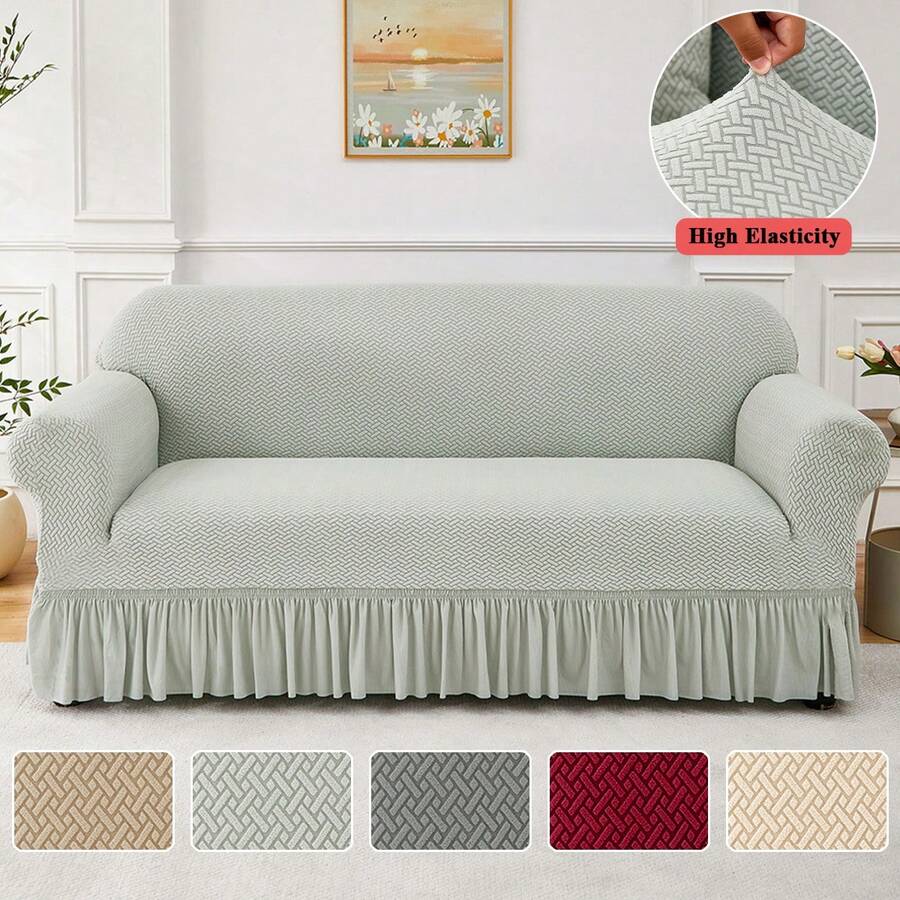1PC Stretch Sofa Cover With Pleated Skirt High Elasticity High Quality One Piece Design Sofa Cover Solid Color Dust Proof And Non Slip Sofa Cover Suitable For Bedroom Office Living Room And Home Decoration Valentine's Day Gifts Valentine's Day Decorations - 淺灰色 - 查看 1