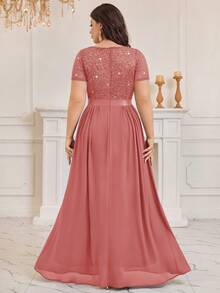 Plus Size Sweetheart Neckline Sequin Floral Lace Contrast Color Rhinestone Satin Waist Chiffon Ruffle Hem Formal Party Maxi Dress, Suitable For Wedding Guest, Prom, Birthday, Banquet, Holiday And Other Occasions Elegant Summer - Dusty Pink - View 3