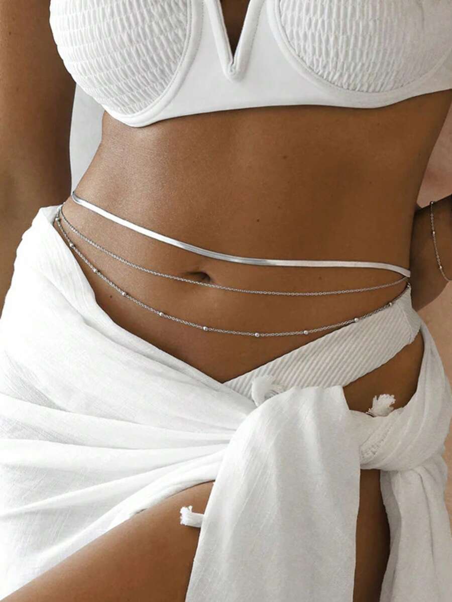 1pc Minimalist Elegant Silver Multi-Layer Waist Chain Design, Fashionable Versatile Chic Body Chain, Suitable For Any Festival, Music Festival, Party, Banquet, Dance Party, Great Gift For Friends - Silver - View 1