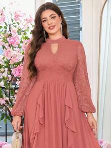 Đầm dạ hội trang trọng, thanh lịch với cổ áo khoét rỗng, ren hoa, tay áo phồng, chất liệu chiffon, viền bèo nhún, thích hợp cho lễ tốt nghiệp, dạ tiệc, vũ hội, đám cưới. - Bụi hồng - Xem 7