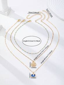 3件套金色贝壳叠层项链套装，女士绿色绿松石珠链颈链，配星星吊坠，海洋主题波西米亚风沙滩装配饰 - 彩色 - 查看 3