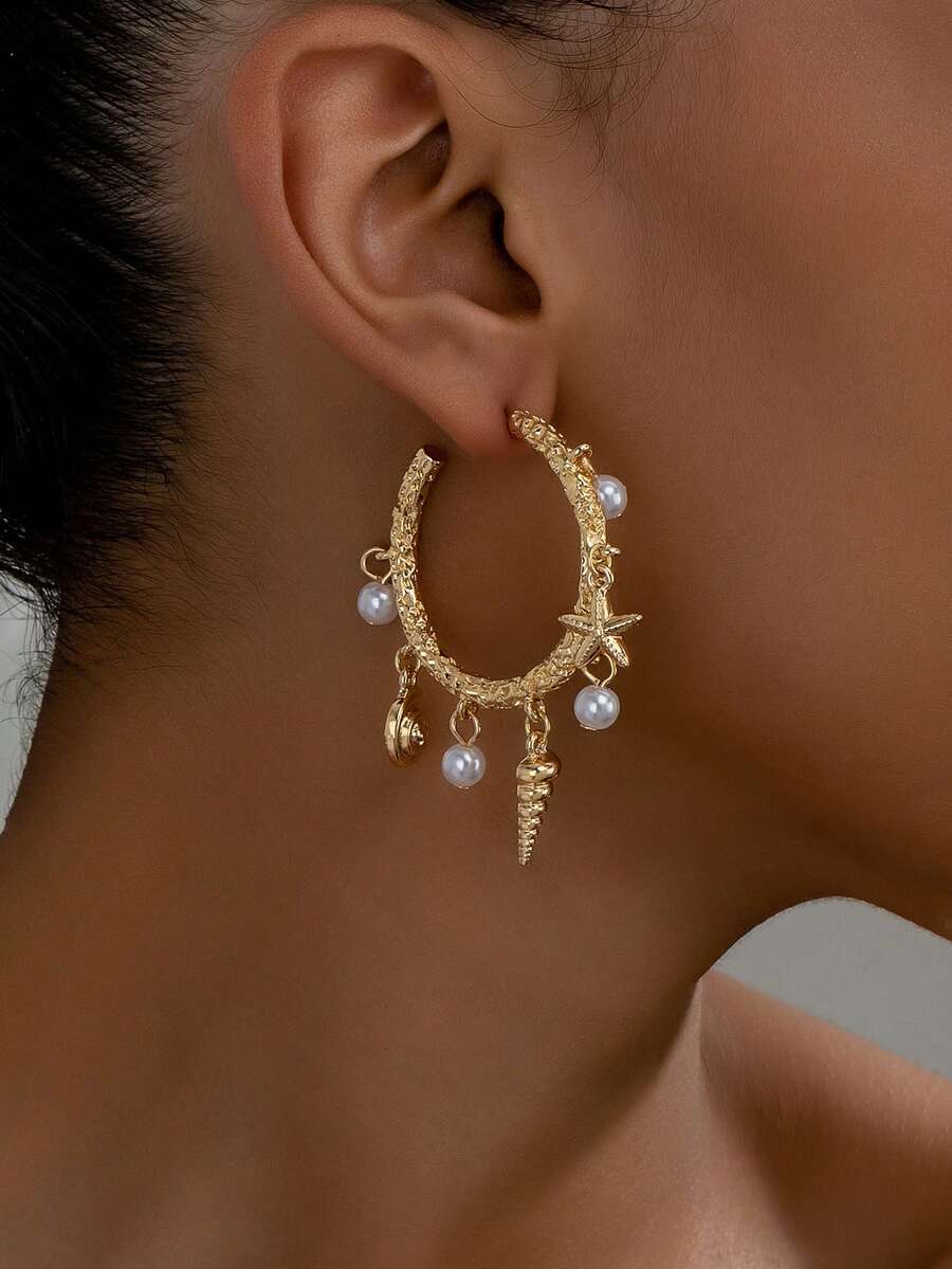 1 par de pendientes de aro con perlas geométricas para mujeres - Multicolor - Ver 1