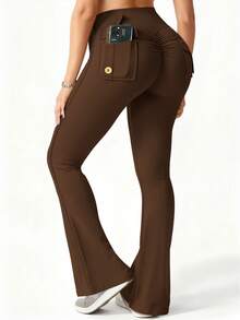 6pecil 女士户外喇叭裤，带口袋；女士紧身运动打底裤，提臀瑜伽裤；巧克力棕色春季款 - 巧克力棕 - 查看 4