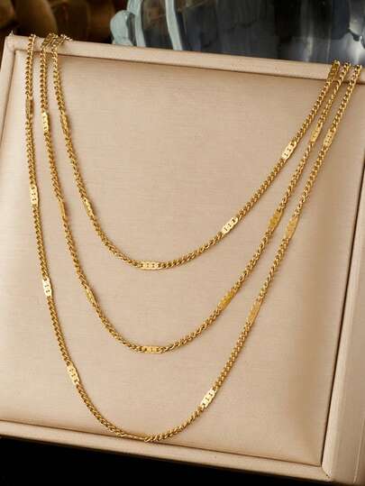 1件装 时尚日常百搭多层叠戴镀金三层链条不锈钢首饰项链