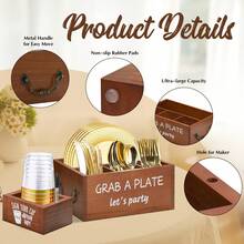 Paper Plate Holders For Kitchen Countertop, Wooden Utensil Caddy With Large Cup Holder, Disposable Paper Plate Organizer Silverware Caddy For Plate, Cup, Fork, Spoon, Napkin, Condiment (Set Of 2) - Brown - View 4