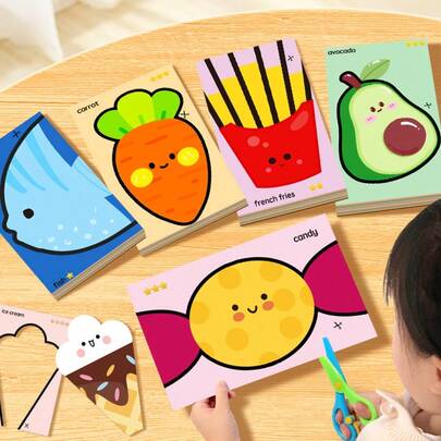 儿童趣味剪纸书，DIY手工课堂玩具，教育活动书，培养创造力和精细动作技能，包含动物、水果、颜色等卡通图案，圣诞节、万圣节礼物