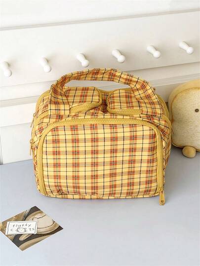 1 Pc Yellow Plaid Puffy Soft Fabric Zipper Cosmetic Bag, Simple Large Capacity Women Toiletry Pouch For Makeup, Household, Daily Use Bag Room Decors, Makeup Bag, Travel Essentials, Organizer, Storage, Travel Essential, Makeup Organizer Bag, Toiletry Bag, Desk Organiser, Cosmetic Bag, Make Up Pouch, Travel Essentials,