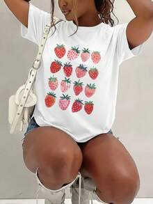 Women's Clothing 100% Cotton, Plus Sizes, Summer Sets, Strawberry Print T-Shirt, Casual T-Shirt, Y2K, Concert, Weekend Style, Cute Blouses, Women's Clothing - 白色 - 查看 6