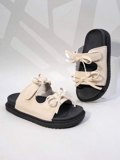 A Pair Of Girls' Simple Solid Color Bow Decorations, Comfortable Flat Bottomed Summer Beach Sandals