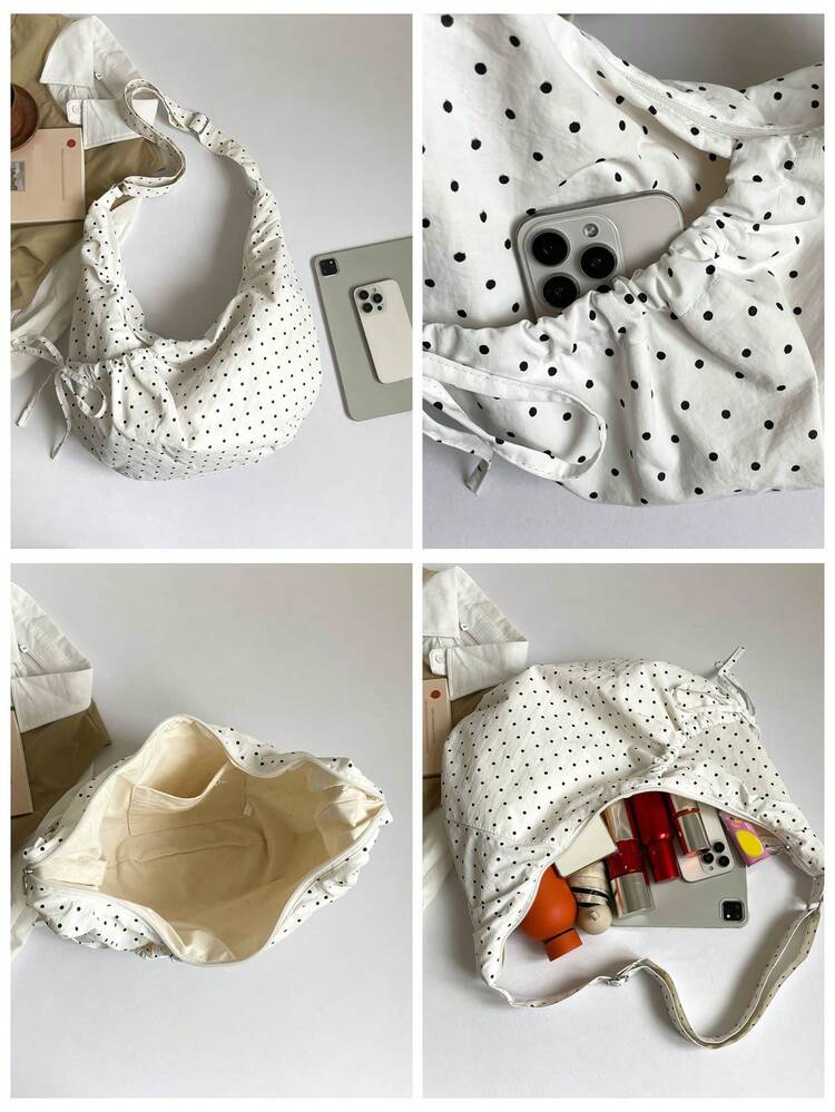 Bolso de hombro con estampado de lunares azul marino estilo japonés chic, bolso cruzado con cierre de cremallera y lazo plisado de moda, bolso plegable ligero para la escuela/universidad/uso casual, estilo relajado de media luna - Multicolor - Añade 11