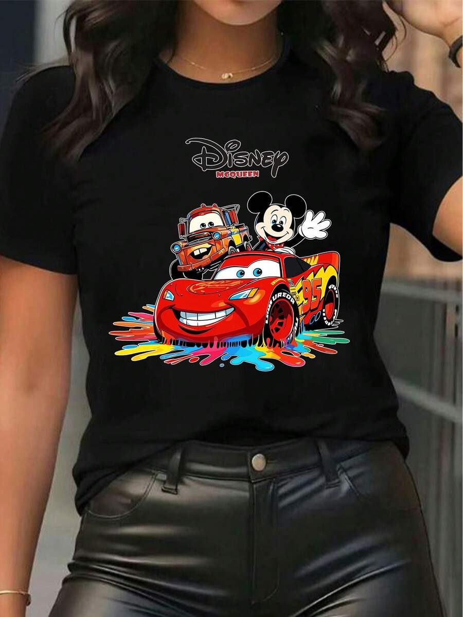 Disney Women's Hot Selling Item: Printed Mickey Mouse, Lightning, And McQueen Racing Cartoon - Cute And Fun Short-Sleeve Crew Neck T-Shirt. Casual, Comfortable, Stylish, And Versatile. Suitable For Spring, Summer, And Autumn.Made From Soft, Comfortable, And Durable Pure Cotton, This Is An Ideal Choice For Spring And Summer. This Crew Neck T-Shirt Is Suitable For Various Occasions, Including Everyday Wear, Shopping, Parties, Travel, And Gatherings, And Also Makes A Thoughtful Gift. - 黑色 - 查看 1