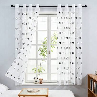 1Panel Black And White Embroidered Football Voile Tulle Curtains For Bedroom , Children Boy's Room Window Sheer Drapes Decoration