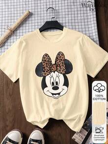 Disney Printed T-Shirt,Disney Leopard Print Minnie  Graphic T-Shirt, Unisex,High-Quality Pure Cotton T-Shirt,Suitable For All Seasons, Comfortable And Breathable| Exquisite Design | The Best Choice For Giving Gifts - 杏色 - 查看 2
