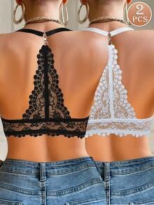 2 pezzi Reggiseno con chiusura anteriore in pizzo con ferretto, push-up, design bello sulla schiena, traspirante e comodo, per sollevare e raccogliere il seno, adatto per uso quotidiano e casual - Multicolore - Visualizzare 2