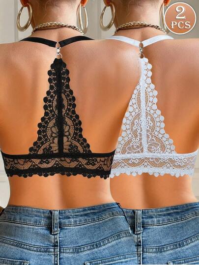 2件套女士前扣蕾丝钢圈文胸 - U型后背设计，塑造背部曲线，提拉胸部，性感舒适，适合日常及各种场合穿着